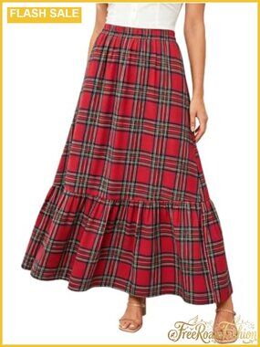 Plaid Ruffle Maxi Skirt High Waisted A-Line Long Skirt